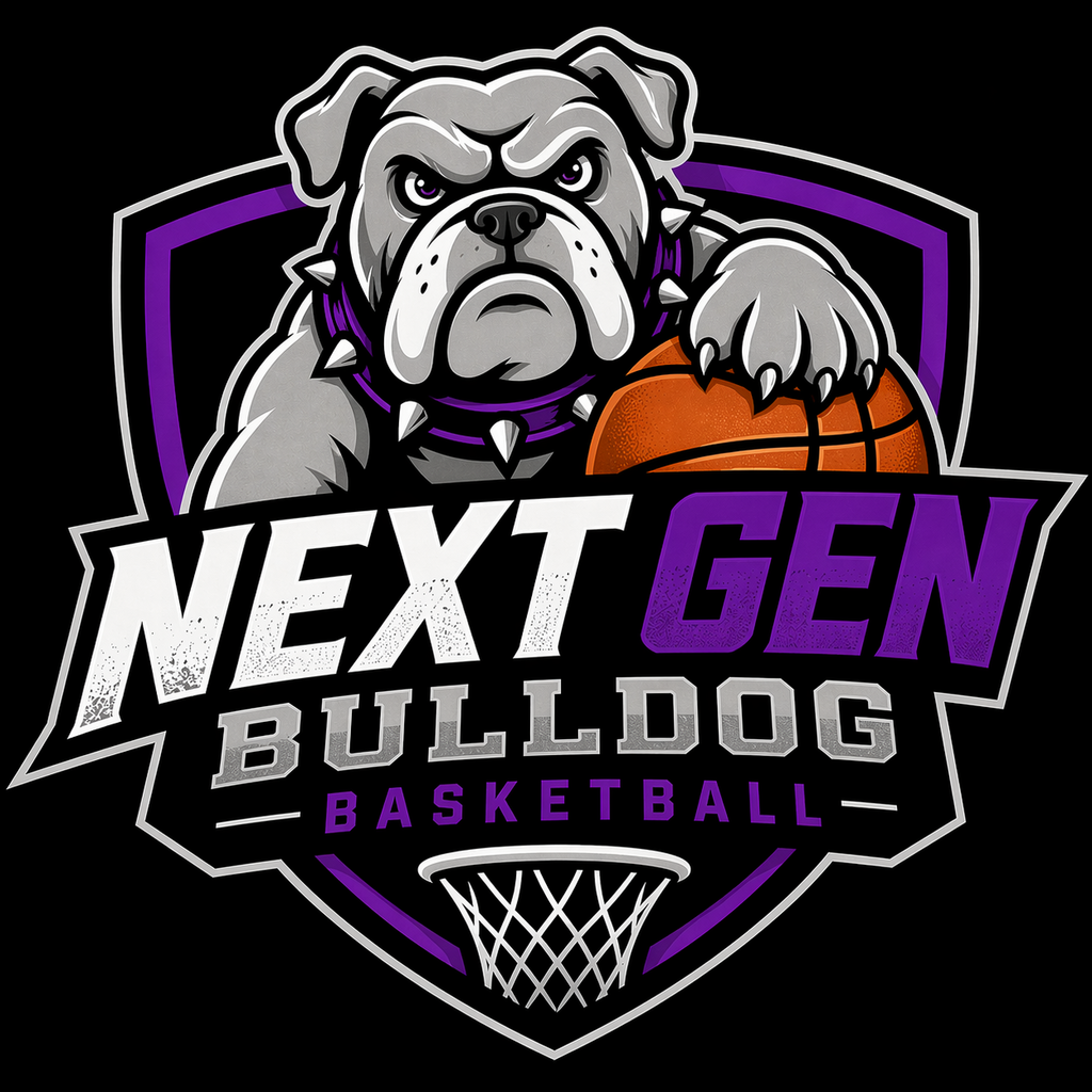 Graphic of a bulldog mascot placing its paw on a basketball, representing youth sports, with the words “Next Gen Bulldog Basketball.”