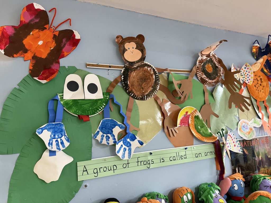 A wall display displaying the art work of a butterfly, frond, and monkey