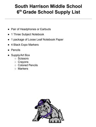 26-27 SHMS 6th Grade Supply List 