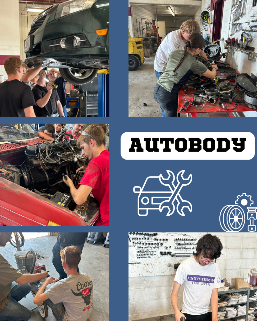 We have Autobody, learning many different things about cars, while some are working on the car the other students are working on all the little parts going into the car!