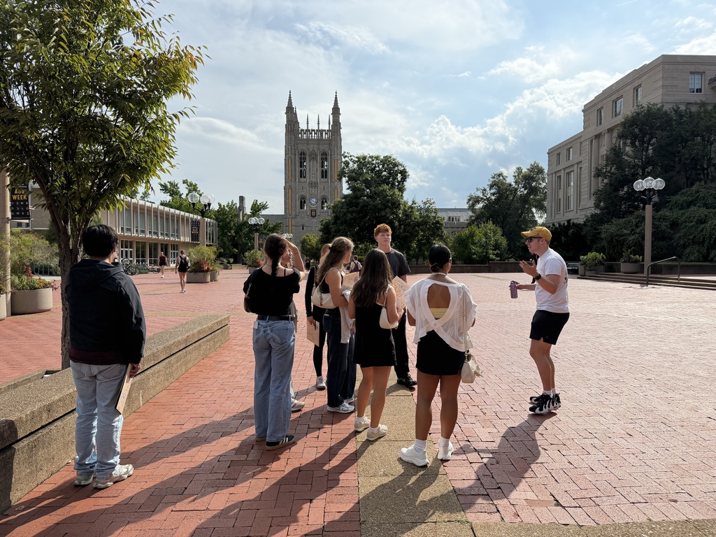 Students walking around with the tour guide at Mizzou