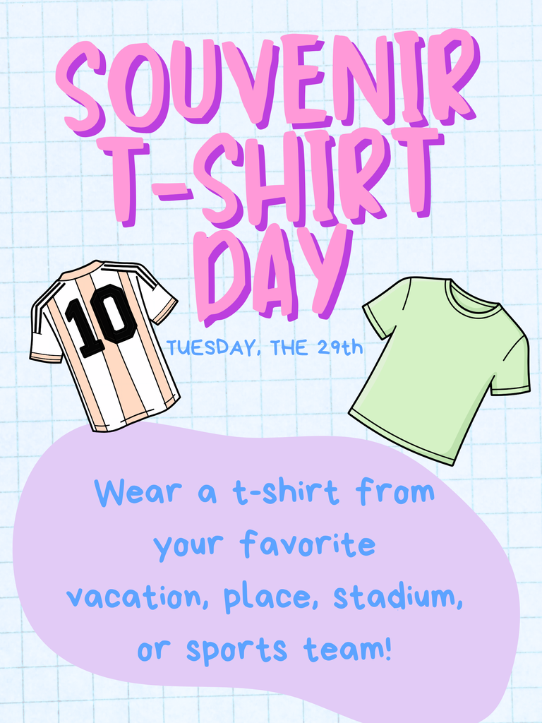 graphic showing dress up day for homecoming, souvenir t-shirt day.