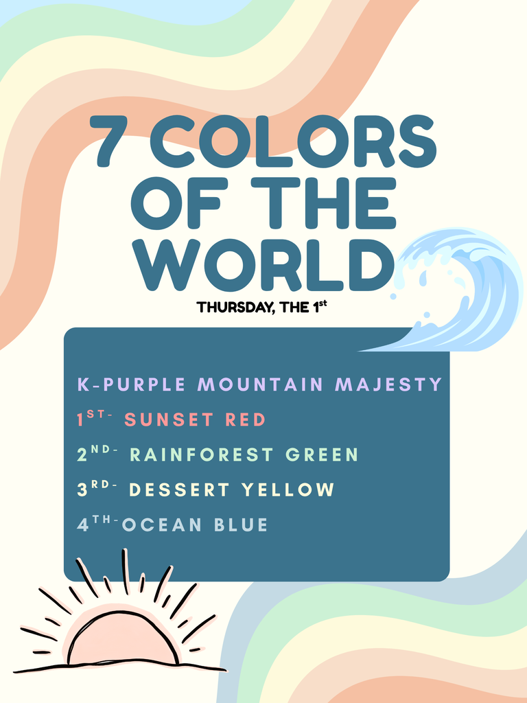 Visual showing the dress up days for Thursday, 7 colors of the world.