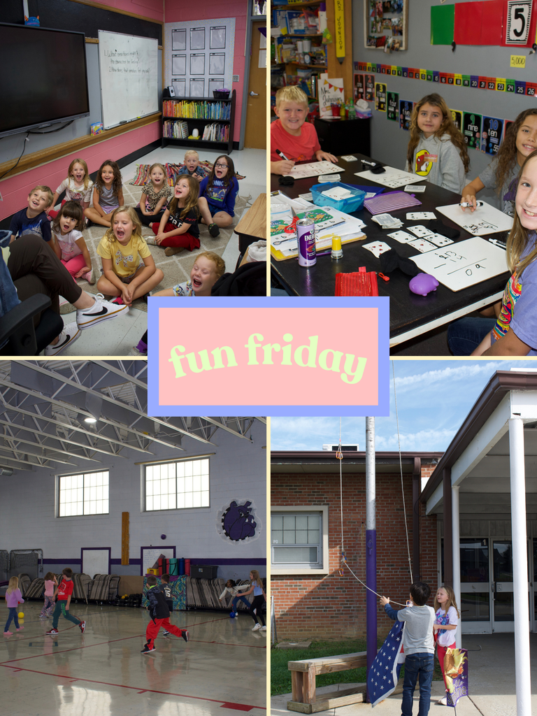 **Alt text:** A four-photo collage showing elementary students enjoying โFun Fridayโ activities: children laughing together in a classroom, working on activities at a table, playing games in a gym, and raising a school flag outside. A pink and blue graphic in the center reads โfun friday.โ