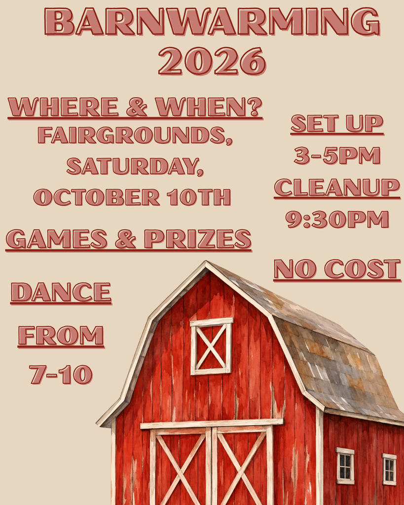 Saturday, October 10th. Set up will be from 3-5pm. Barnwarming will be 7-10 at the fairgrounds. Clean up will be at 9:30. No cost to any student. There will be games with awesome prizes.