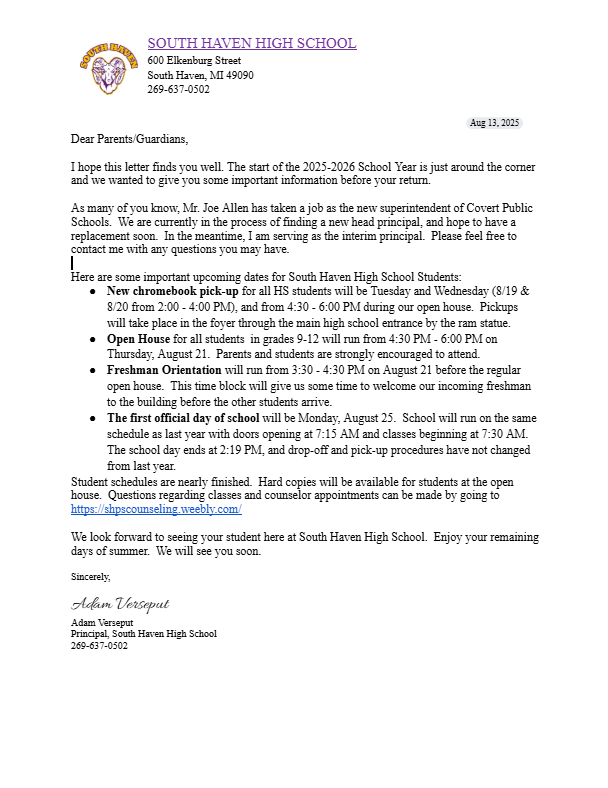 Parent Letter Home