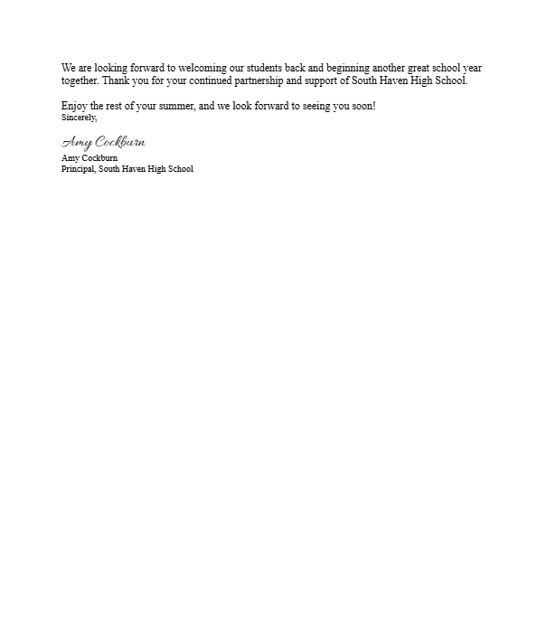 Welcome Back Letter -- page two