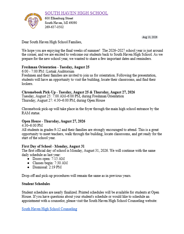 Welcome Back Letter -- page one