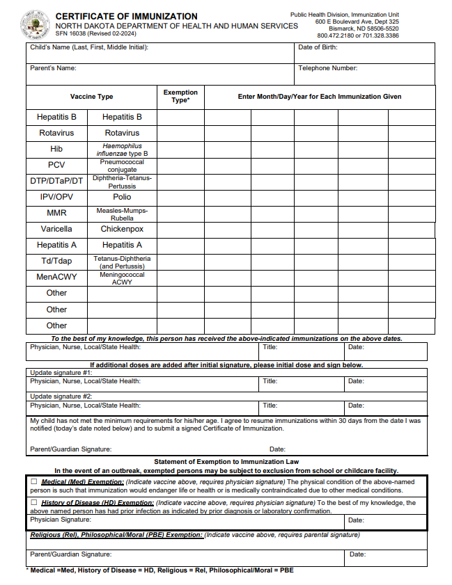 Immunization Exemption Form