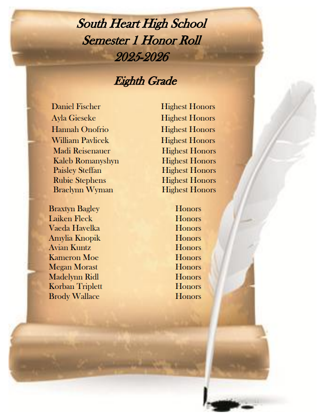 8th Grade 2025-26 Semester 1 Honor Roll