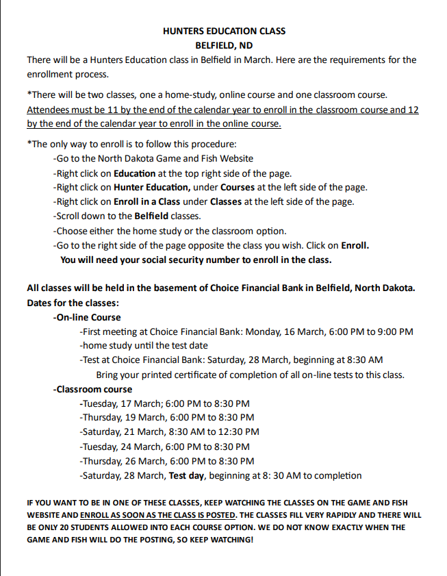 Hunters education  class flyer