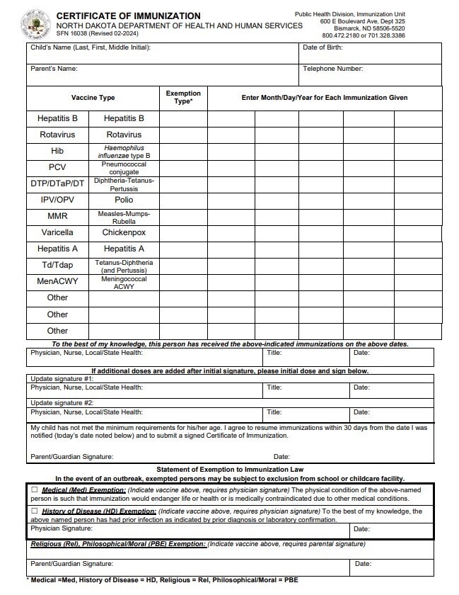 Immunization exemption form 2026