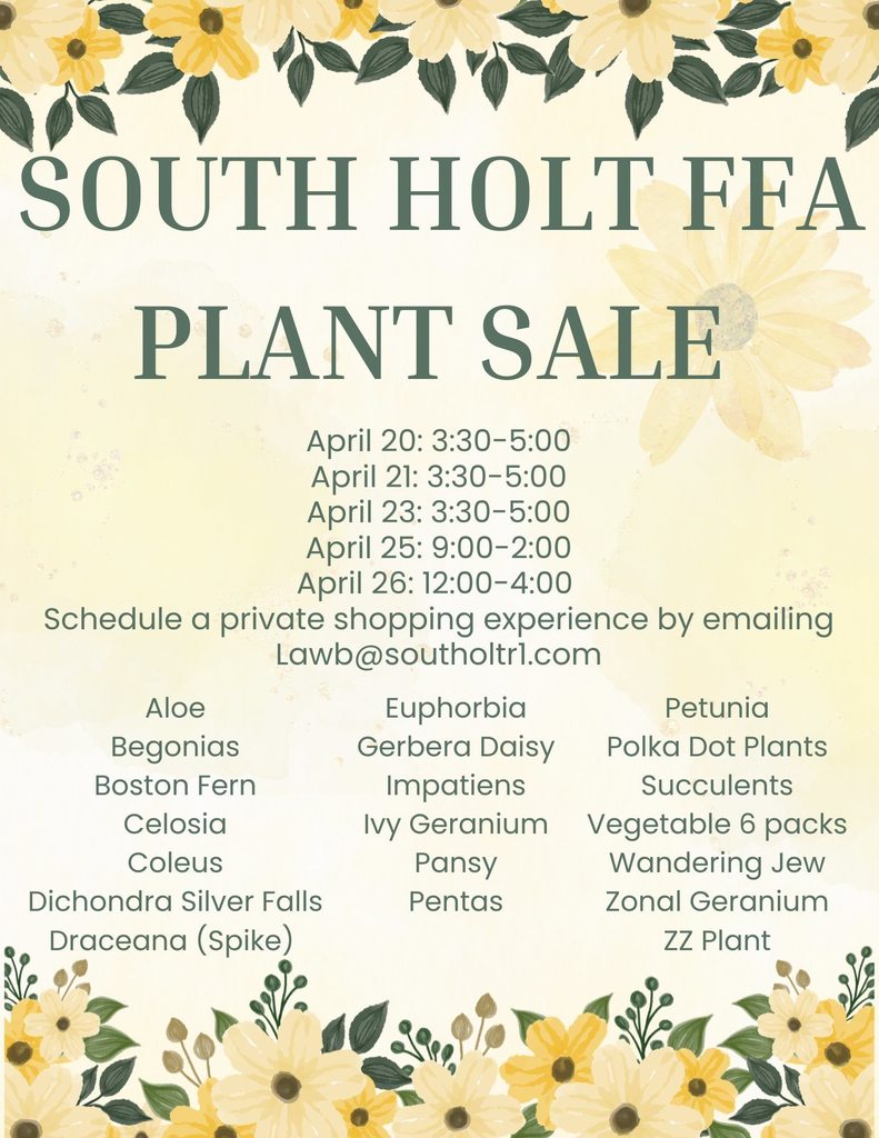 South Holt Plant Sale Monday, Tuesday, and Thursday  3:30-5 Saturday 9-2 Sunday12-4 