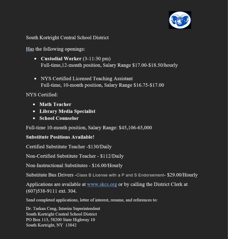 text of Job Vacancies at South Kortright 