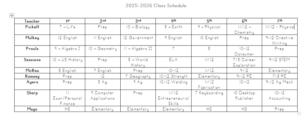 Class Schedule 2025-2026