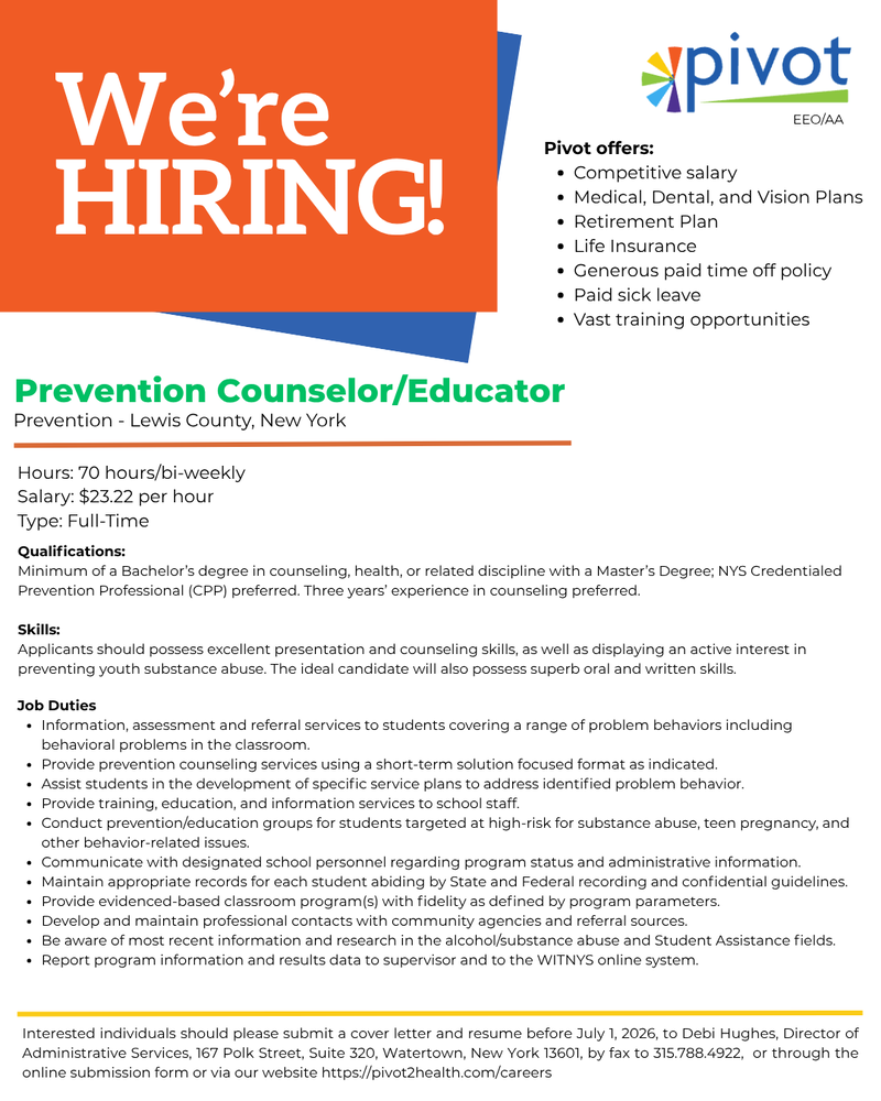 Pivot is hiring a Prevention Counselor/ Educator
