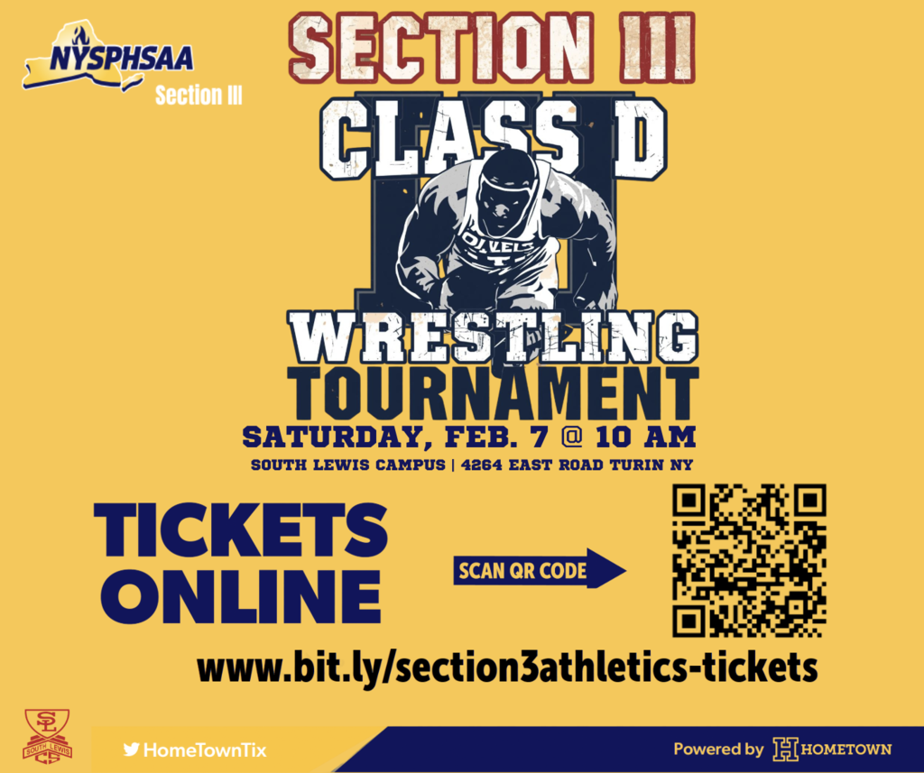 South Lewis will be hosting the Section III Class D Wrestling Tournament this Saturday. This NYSPHSAA event does require tickets sold online only. Please scan the QR code below or go to www.bit.ly/section3athletics-tickets to get yours! Good luck to all athletes!