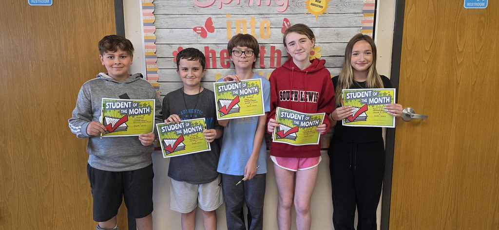 Ashton, Brody, Ethan, Avery and Rylee holding their middle school students of the month certificates