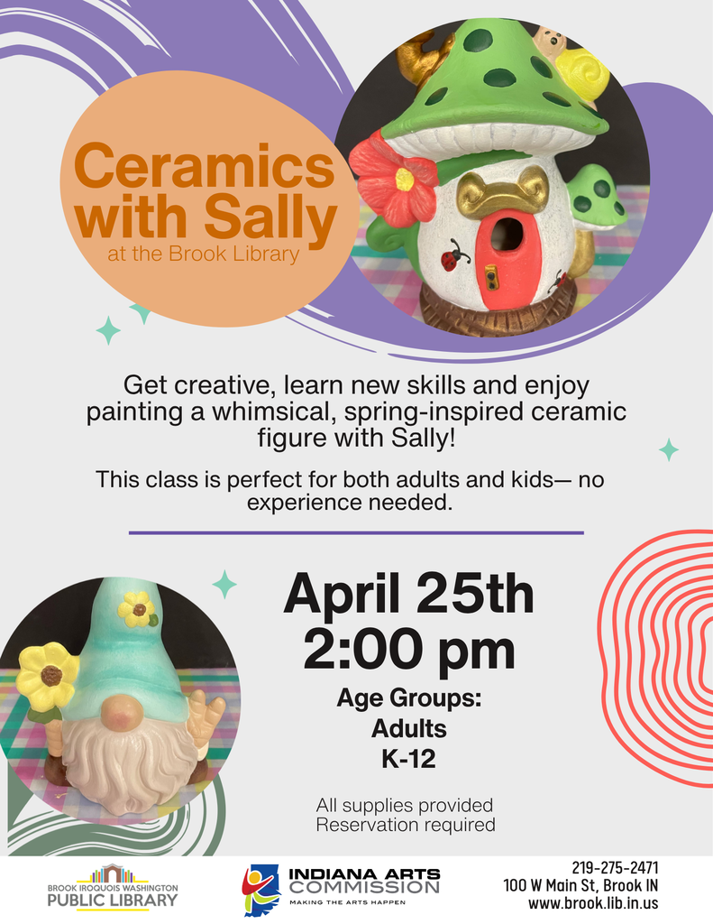 Ceramics with Sally at the Brook Public Library, 4/25 at 2pm