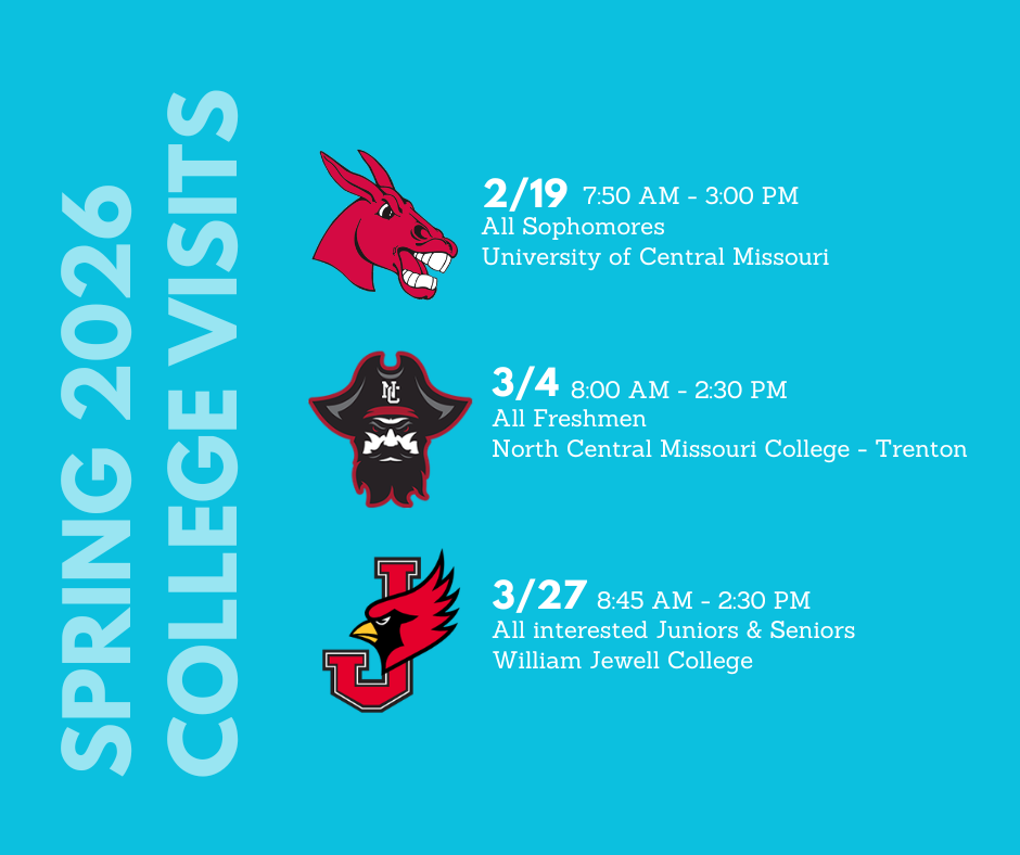 Flyer for spring visits, three logos of mule, pirate, and cardinal with dates for visit.