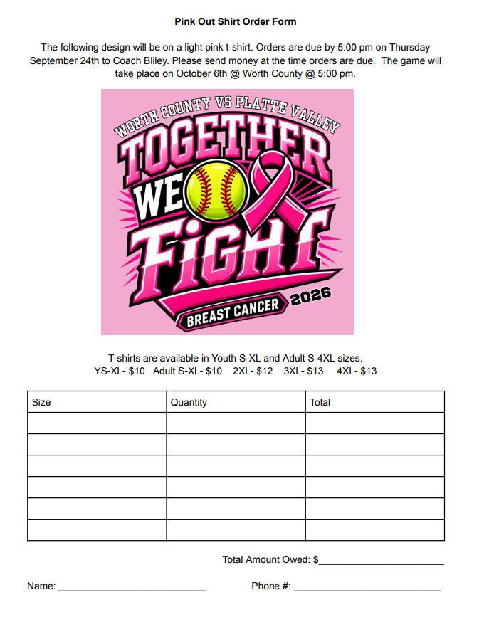 Tshirt order form. Pink shirt, grid for size, quantity, and total. 