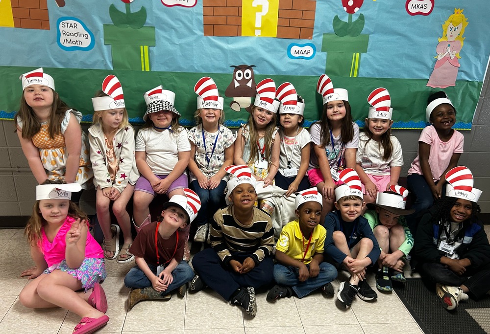 Elementary School children wearing Cat In the Hat craft