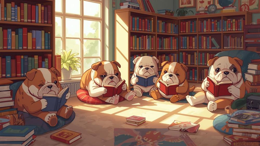 cartoon bulldogs reading books