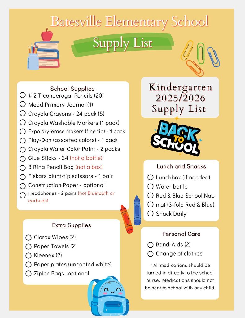 BES Kindergarten Supply List 25/269