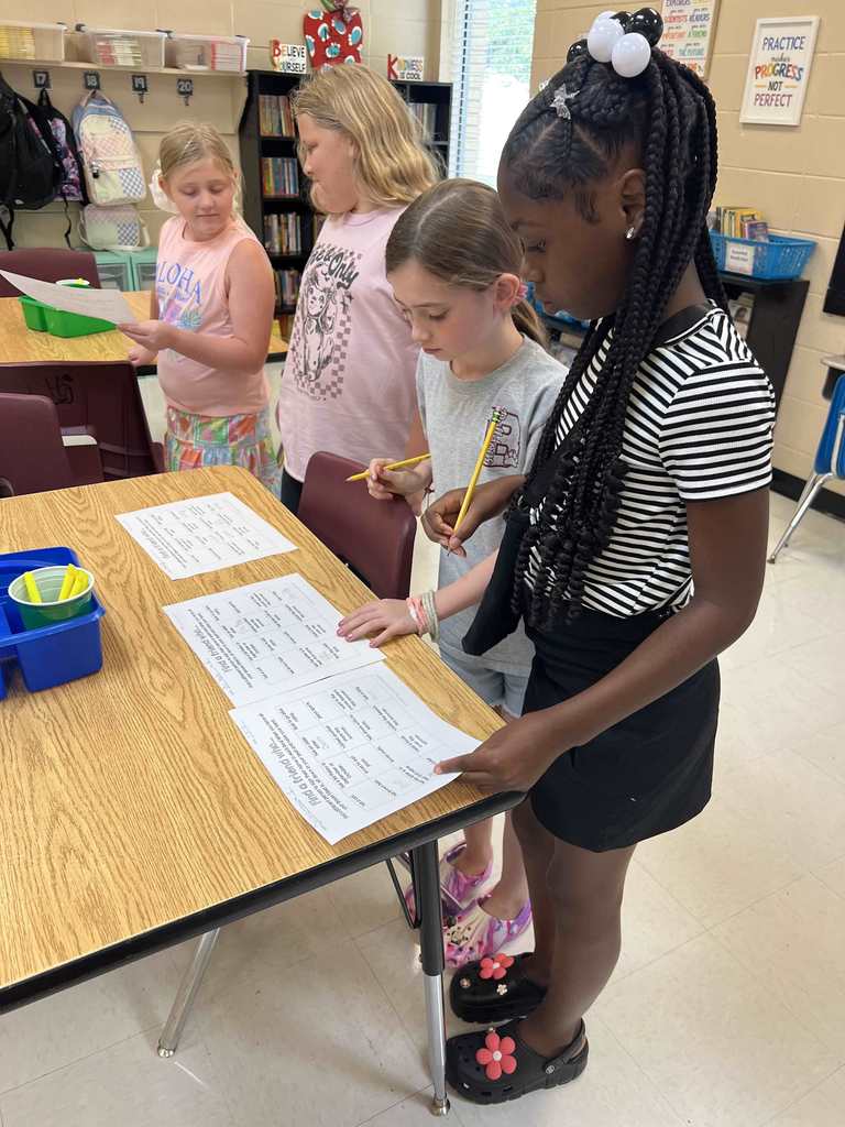 elementary students working at tables