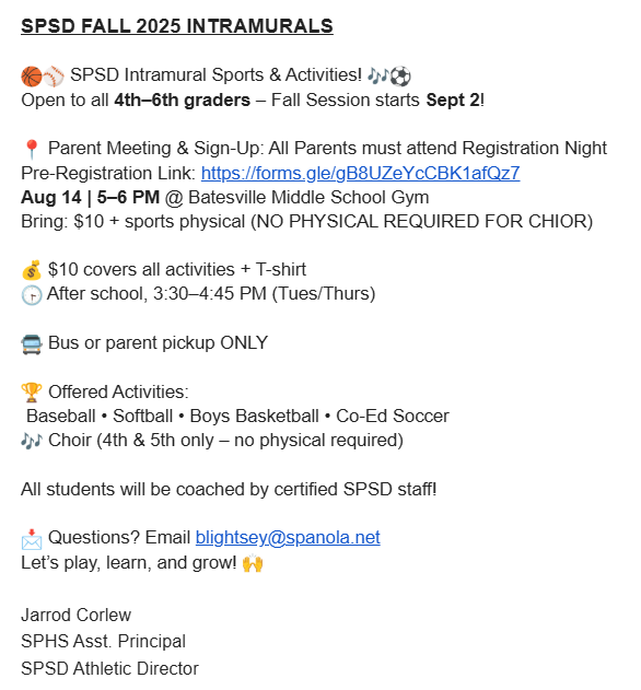 Intramural sports start soon! 9-2-25