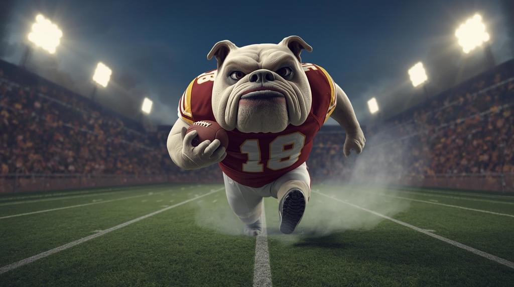 bulldog in a maroon jersey running with a football