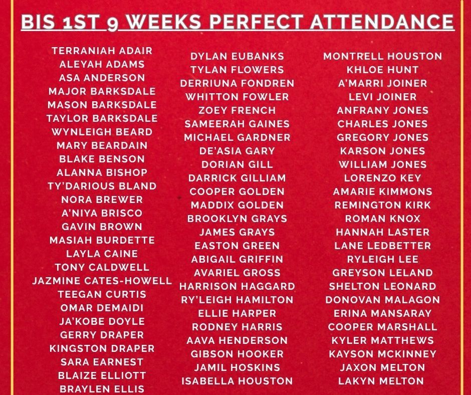 BIS 1st 9 weeks Perfect Attendance