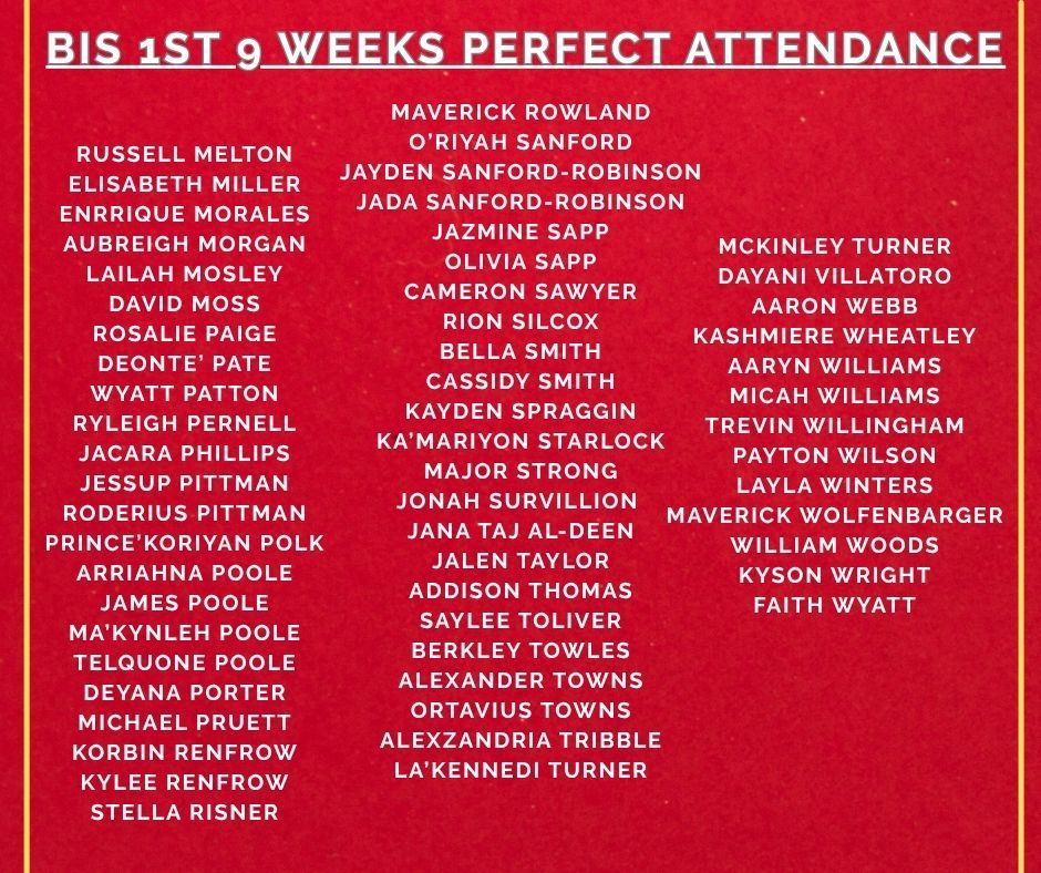 BIS 1st 9 weeks Perfect Attendance
