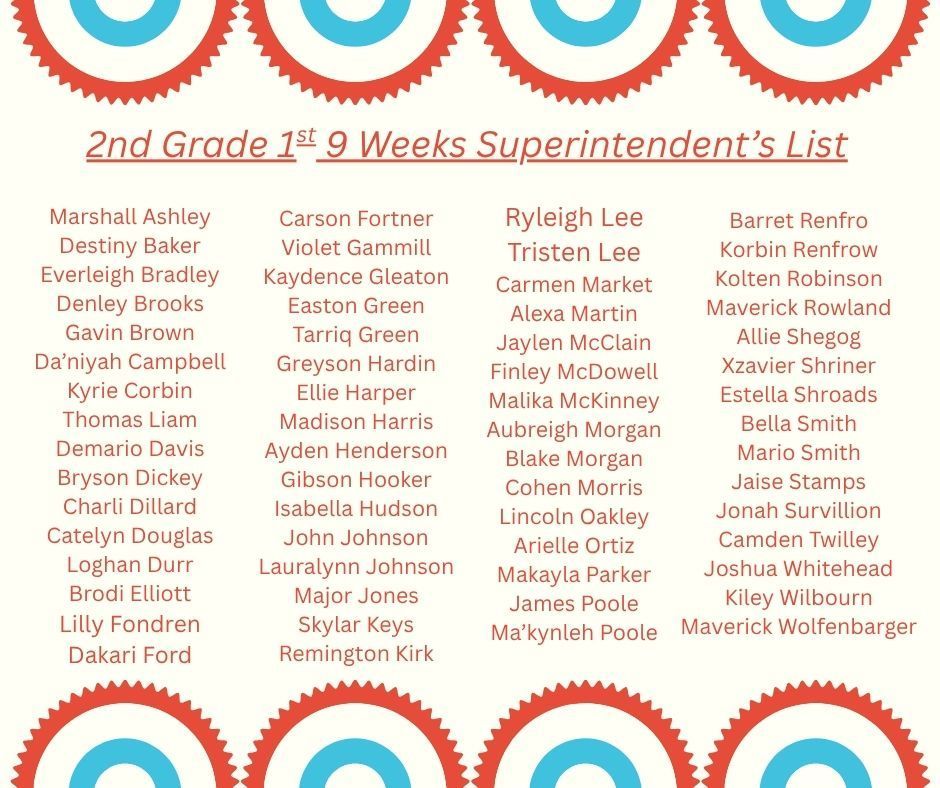 1st 9 Weeks Superintendent's Lists for 2nd Grade & 3rd Grade