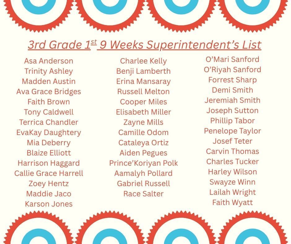 1st 9 Weeks Superintendent's Lists for 2nd Grade & 3rd Grade