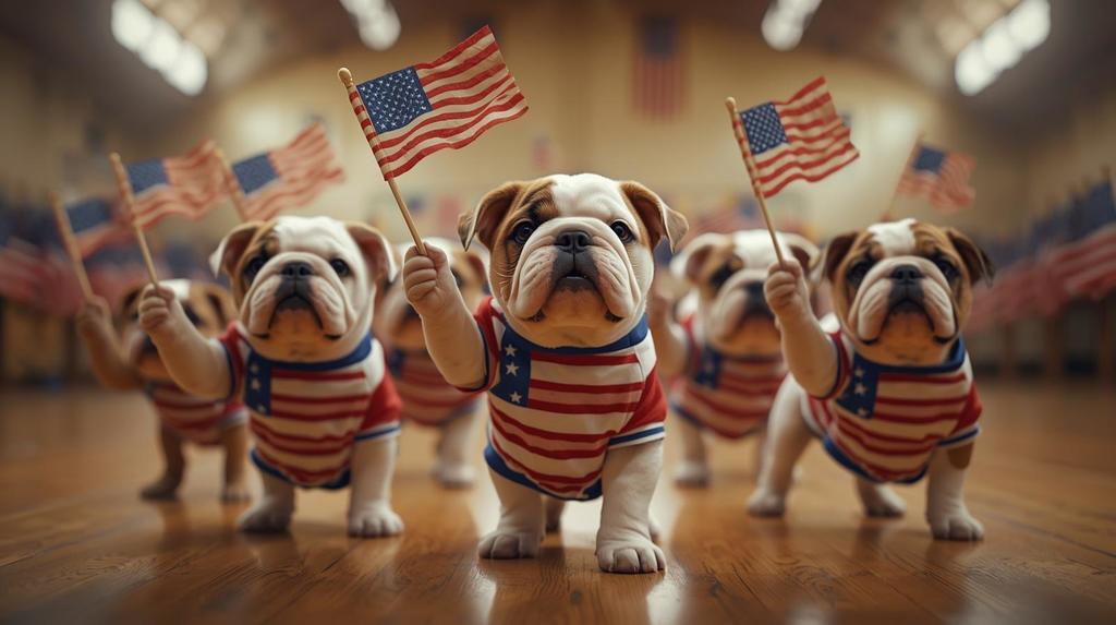 bulldogs in red, white, and blue waving flags