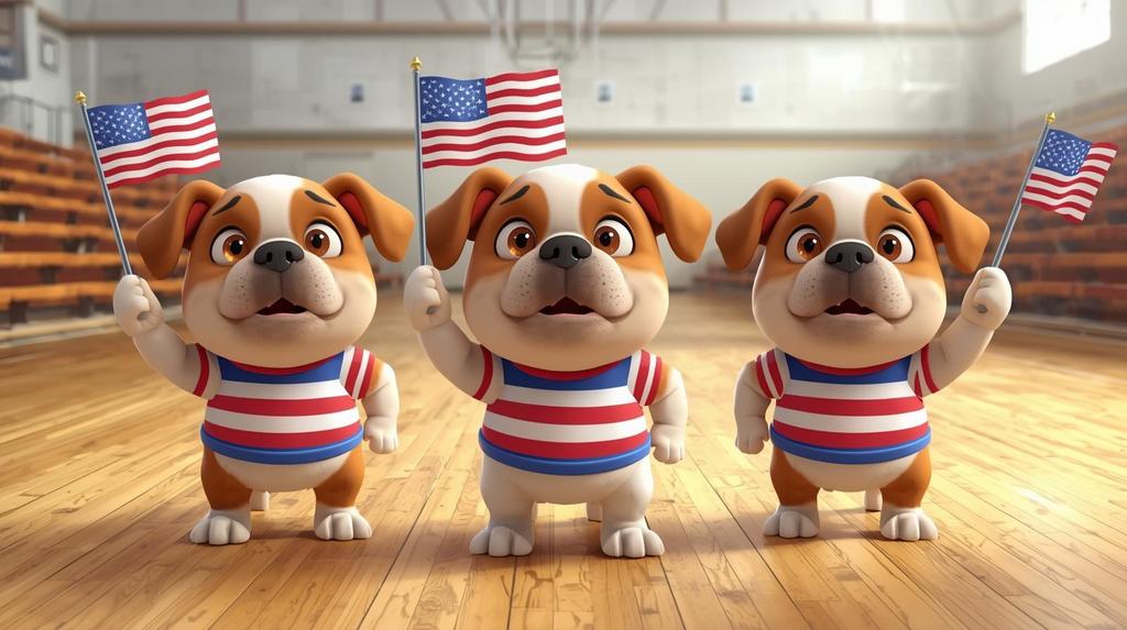 bulldogs in red, white, and blue waving flags