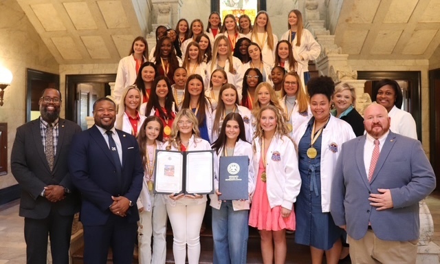 Senator Justin Pope on Thursday, March 19, 2026, led presentation of Senate Resolution 46, commending South Panola Junior Varsity Cheer Team for their first UCA National Championship. 