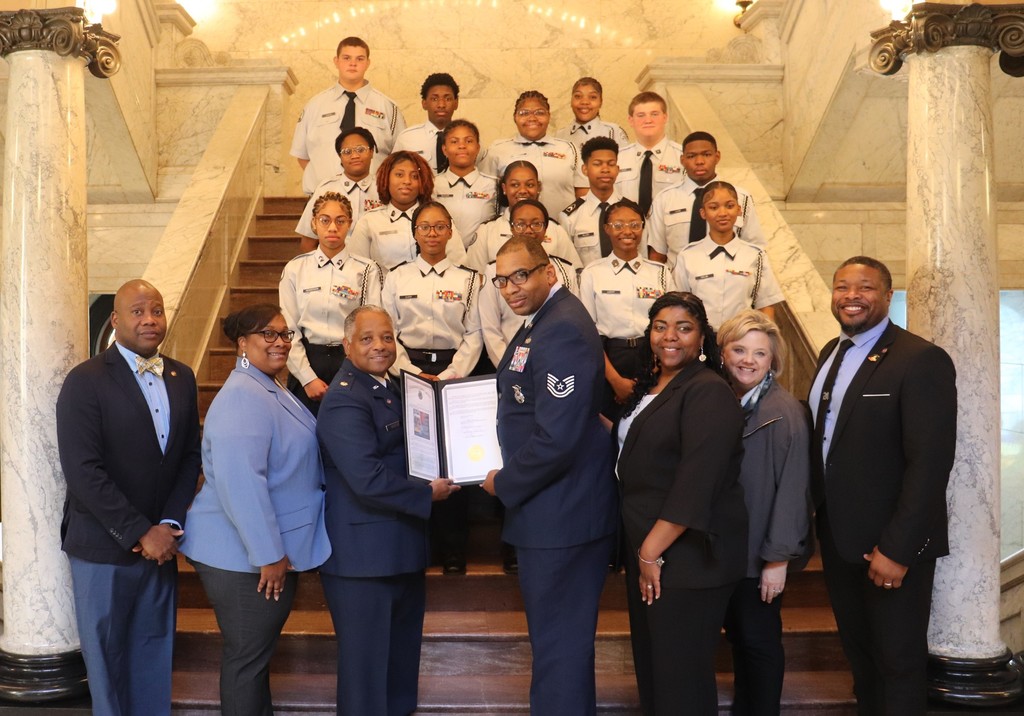 Senator Justin Pope on Wednesday, March 25, 2026, led presentation of Senate Resolution 47, honoring the success and dedication of the South Panola High School Air Force JROTC Drone Team