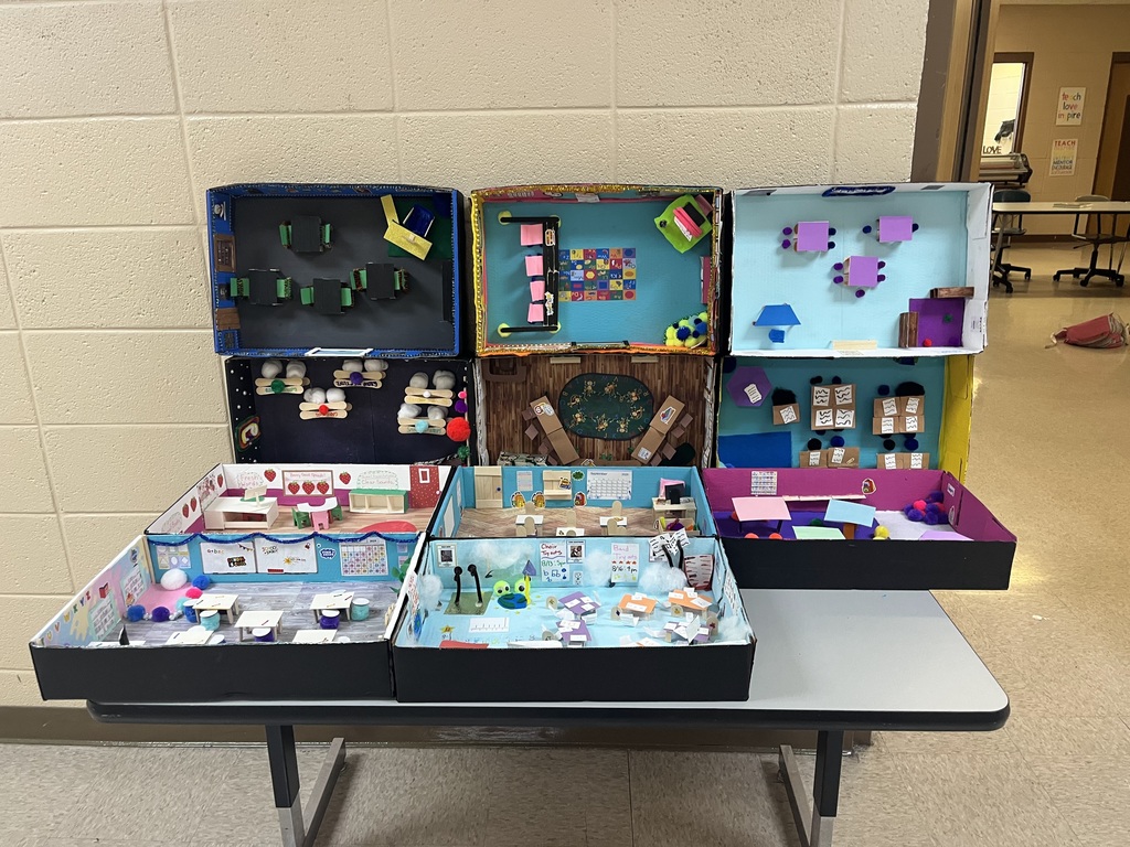 Year Two Educator Prep students made classroom layouts using paper, felt, popsicle sticks, stickers, and much more to model what they want their future classrooms to look like. 