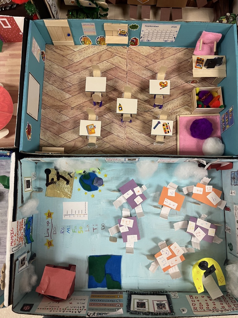 Year Two Educator Prep students made classroom layouts using paper, felt, popsicle sticks, stickers, and much more to model what they want their future classrooms to look like. 
