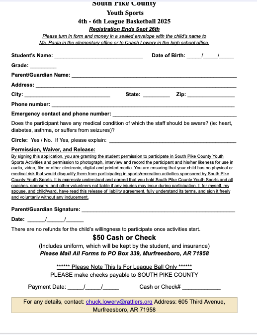 Youth Sports Basketball Form