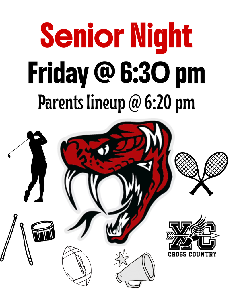 Senior Recoginition Flyer- White Background with images of the sports being recognized. Senior night- Friday at 6:30. Parents line up at 6:20. Graphic made by Josey Jones.