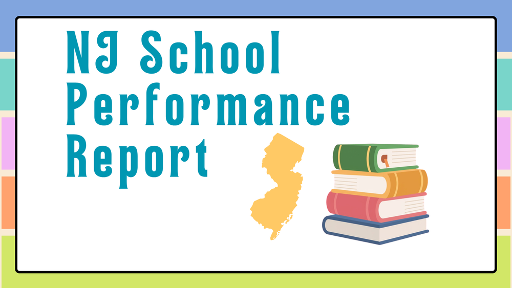 NJ School Performance Report logo. Two books stacked with a graduation cap on top