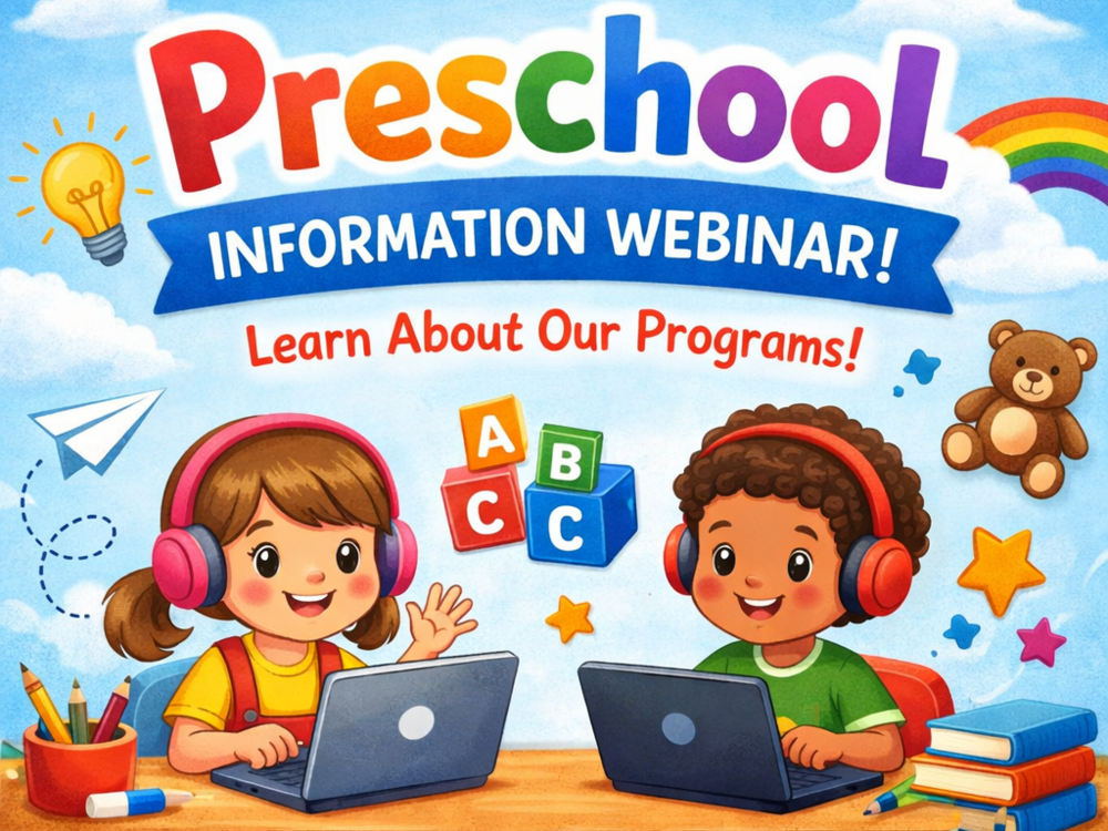 Banner saying preschool information webinar with two toddlers on laptops