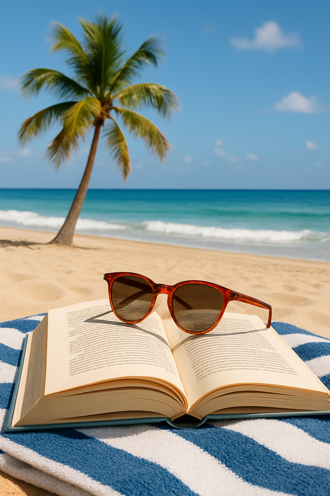 sunglasses on a book, on a beach