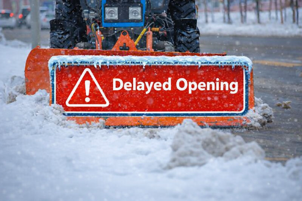 A tractor plowing snow with a sign that reads "delayed opening" on the plow