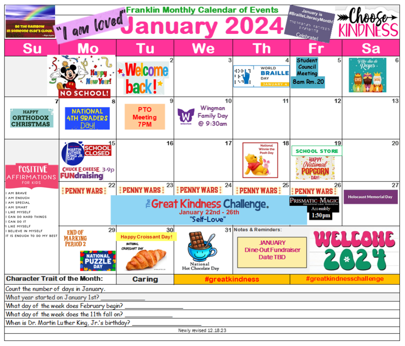Franklin January 2024 Calendar Franklin Elementary School