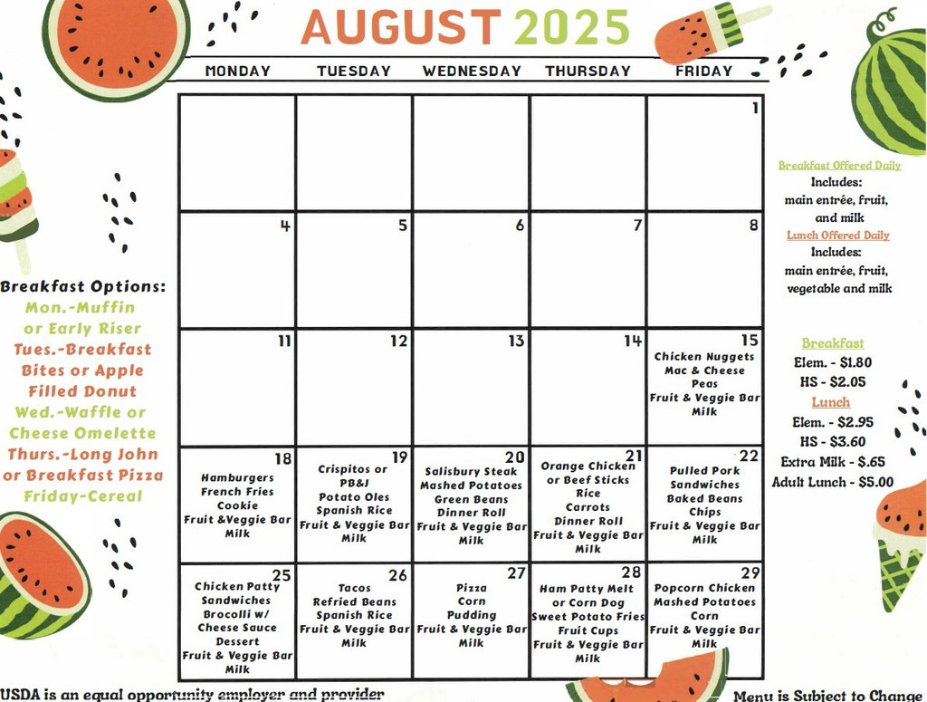 2025 August Lunch Menu