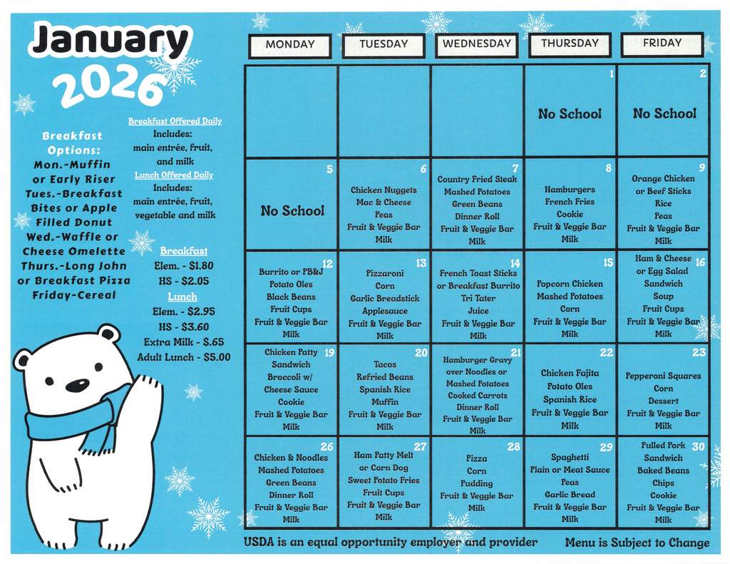 January Lunch Menu 2026